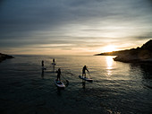High angle shot of people on paddleboards at sunset.