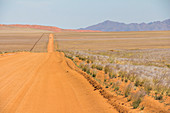 Einsame Sandpiste auf Straße D707 in Wüste von Namibia auf Weg nach Sesriem, Namibia