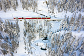 Aerial view of Bernina Express, Canton of Graubunden, Engadine, Switzerland, Europe