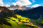 St. Magdalena, Funes Valley, Bolzano, South Tyrol, Trentino Alto Adige, Italy. St. Magdalena village with the Odle Dolomites Group in the background.