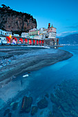 Europe, Campania, Italy, Salerno district, Amalfitan coast.\nAtrani at dusk