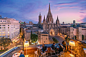 View of Barcelona Cathedral from the roof terrace of the Hotel Colon in the Gothic Quarter of Barcelona, Spain