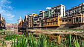 colorful houses on the river Onyar in Girona, Cathedral, Catalonia, Spain