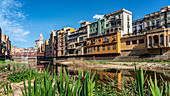 bunte Häuser am Fluss Onyar in Girona, Kathedrale, Katalonien, Spanien