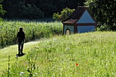 in Schambachtal am Altmuehltal, chapel, meadow, tourist, woman, North Upper Bavaria, Bavaria, Germany