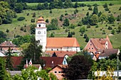 Dollnstein, Altmühltal, church, houses, juniper, meadow, roofs, bushes, North Upper Bavaria, Bavaria, Germany