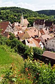 Blick auf Pappenheim von der Burg, Fachwerkhaus, Kirche, Tal, Altmühltal, Oberbayern, Bayern, Deutschland
