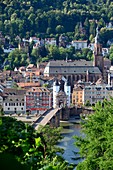 Blick vom Philosophenweg auf Heidelberg am Neckar, Stadtpfarrkirche, Fluß, Brücke, Häuser, Wald, Baden-Württemberg, Deutschland