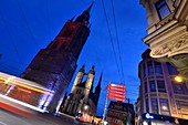 in the evening, market church with Rotem Turm am Markt, cathedral, square, Halle an der Saale, tram, Saxony-Anhalt, Germany