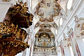 Benedictine Abbey, Amorbach, inside, pulpit, organ, baroque, Lower Franconia, Bavaria, Germany