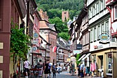 Miltenberg am Main, pedestrian street, half-timbered houses, forest, people, shopping, Lower Franconia, Bavaria, Germany