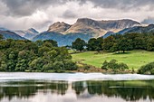 LAKE DISTRICT LANGDALE PIKES, UNITED KINGDOM - SEPTEMBER 6 , 2014: View of the Landale Pikes in the English Lake District seen from Loughrigg tarn.