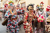 ALMONACID DEL MARQUESADO CUENCA CASTILLA SPAIN ON FEBRUARY 2, 2020: La Endiablada, which roughly translates as “The Brotherhood of the Devils” is an impressive tradition survived through the centuries with display of dancing, colours, crazy costumes and incredible noise.\n