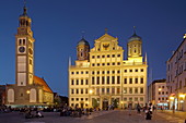 Rathausplatz with Perlach Tower and Town Hall, Augsburg, Swabia, Bavaria, Germany