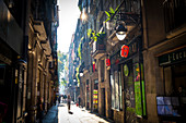Straße in Raval im Bezirk Ciutat Vella in Barcelona, Katalonien, Spanien
