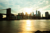 View of Brooklyn Bridge with skyline