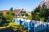 Thatched houses with a garden in Karlshagen in the morning, Usedom, Mecklenburg-Western Pomerania, Germany