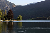 Bathing place and lake promenade south of Schliersee, Upper Bavaria, Bavaria, Germany