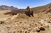 Hike at the &quot;Roques de Garcia&quot; rock formations at the large crater in El Teide National Park, Tenerife, Spain