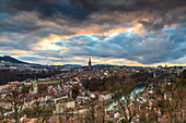 Sonnenuntergang über dem historischen Zentrum, Bern, Kanton Bern, Schweiz, Europa