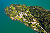 Aerial view of Piona Abbey(Abbazia Priorato di Piona), Province of Lecco, Como Lake, Italy, Europe.