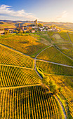 Aerial view of Serralunga d'Alba at sunset. Barolo wine region, Langhe, Piedmont, Italy, Europe.