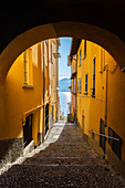 Colourful narrow alley in the old town of Varenna, Como Lake, Lombardy, Italy, Europe.