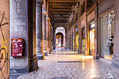 Portico dei Carbonesi, one of the streets of Bologna city center. Bologna, Emilia Romagna, Italy, Europe. 