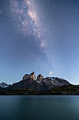 Milky Way above Paine Horns and Cerro Paine. Torres del Paine National Park, Ultima Esperanza province, Chile.