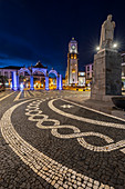 The Central square Praca Gonçalo Velho lit up in the evening, Ponta Delgada, Sao Miguel, Azores, Portugal, Western Europe