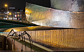 Guggenheim Museum at night and its sculpture, Bilbao, Basque country, Spain, Iberian Peninsula, Western Europe