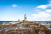 Memorial Sanct Svithun (Hurtigrute) on the island Nordöyan, fishing village, Folda, Namdalen, Trondelag, Norway