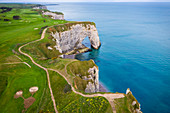 Aerial view of the cliffs of Etretat, Octeville sur Mer, Le Havre, Seine Maritime, Normandy, France, Western Europe.