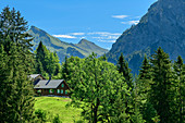 Forsthaus mit Rothorn im Hintergrund, Biosphärenreservat Großes Walsertal, Bregenzerwaldgebirge, Bregenzerwald, Vorarlberg, Österreich