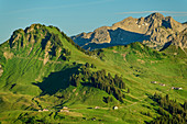 View of Alpe Unterpartnom and Oberpartnom, from Sonntag, Großes Walsertal Biosphere Reserve, Bregenzerwald Mountains, Bregenzerwald, Vorarlberg, Austria