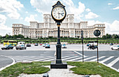 Parliament Palace of Romania and Piața Constituției in the capital Bucharest. Formerly called House of the People / Casa Poporului. Erected as a monument of power by the dictator Nicolae Ceausescu, it is the second largest administrative building in the world and the seat of the Romanian Chamber of Deputies.