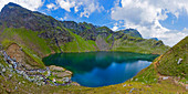 Mountain hiking in the Texel Group Nature Park, the Spronser Lakes area, the largest high-alpine lake district in Europe. The Grünsee lies at 2,338 m above sea level and is a hydrological natural monument.