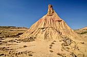 Ocher colored cone of erosion, Bardenas Reales, Bardenas Reales Natural Park, UNESCO Bardenas Reales Biosphere Reserve, Navarra, Spain