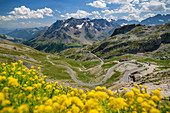 Tiefblick auf Passstraße des Col du Galibier, Col du Galibier, Hautes-Alpes, Savoie, Frankreich