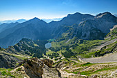 Blick von der Schöttelkarspitze auf Soiernseen und Soiernspitze, Schöttelkarspitze, Karwendel, Oberbayern, Bayern, Deutschland