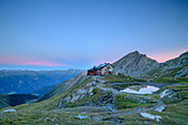 Sudetendeutsche Hütte and Nussingkogel at dusk, Sudetendeutsche Hütte, Granatspitzgruppe, Hohe Tauern, Hohe Tauern National Park, East Tyrol, Austria