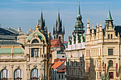 Towers of St Vito Cathedral - Prague\nSoaring spires of St Vitus Cathedral dominate the Prague skyline. Not only is the cathedral a place of pilgrimage, it is also a museum, treasure chamber and a blockbuster attraction. This is the church where the archbishop of Prague crowned Bohemian kings and where they have their last resting place. Highlights of the cathedral include the silver tomb of John Nepomuk with an army of angels supporting a canopy, the coronation chamber where the crown jewels are kept, Wenceslas Chapel with wall paintings depicting the saint's life and stained glass windows des