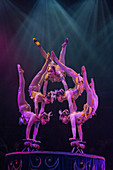 Actionreiche und farbenfrohe akrobatische Show in Peking, China.