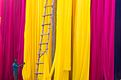 Sari Factory, Textilien im Freien getrocknet, Die Textilien werden zum Trocknen an Bambusstangen aufgehängt, die langen Textilbänder sind etwa 800 Meter lang, Jaipur, Rajasthan, Indien