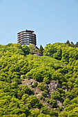 42 m high wooden tower offering panoramic view of the Saarschleife valley, Saar river and the Naturpark Saar-Hunsruck landscape, Mettlach-Orscholz, Saarland, Germany.