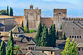 Roofs and defense towers of the Alhambra, Granada, Andalusia, Spain