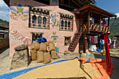 Traditionelle Wohnhäuser in Chimi Lhakhang, Penisdarstellungen dienen der Fruchtbarkeit und ehren den Mönch Drukpa Kunley, Bhutan, Himalaya, Asien
