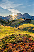 Alpe di Siusi / Seiser Alm, Dolomiten, Südtirol, Italien. Sonnenaufgang auf dem Plateau von Bullaccia / Puflatsch. Im Hintergrund die Gipfel der Sella und Sassolungo