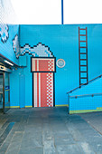 Thorildsplan U-Bahnstation verziert mit Kunstwerken auf Fliesen, die von Videospielfiguren inspiriert wurden, Stockholm, Schweden