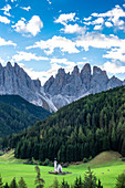 View from San Giovanni in Ranui in South Tyrol. Europe, Italy, Trentino Alto Adige, Bolzano province, Funes valley, San Giovanni in Ranui